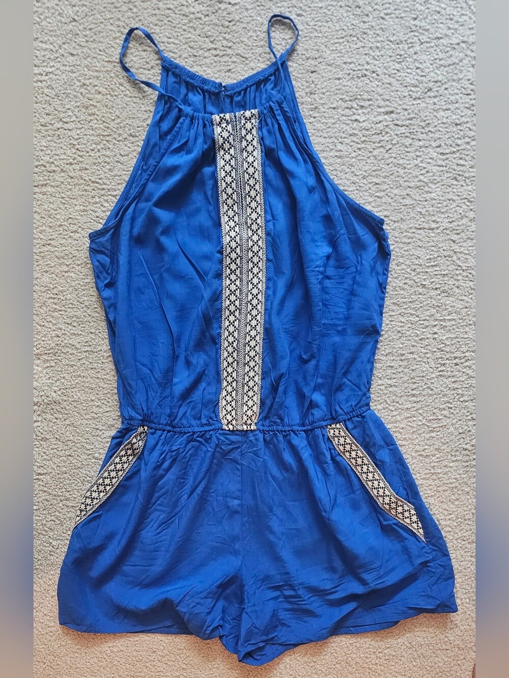 I.N. San Francisco blue halter romper features a bohemian-inspired embroidered - Picture 7 of 8